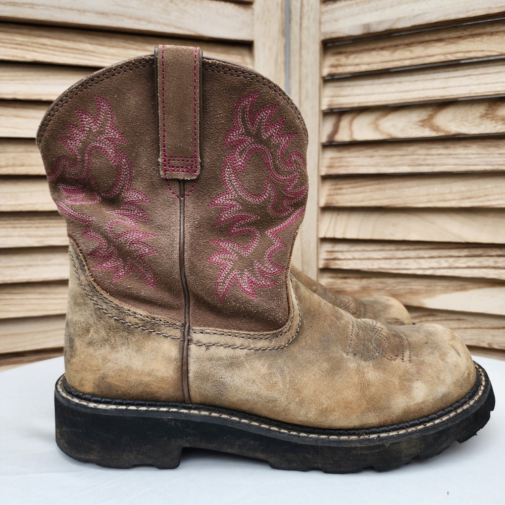 Ariat Sz 9.5 Brown Leather Pink Embroidered Western Fatbaby Cowgirl Boots Rodeo